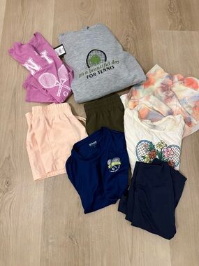 Assorted Activewear Bundle with Tennis Graphic Tops - Gray, Navy, Pink